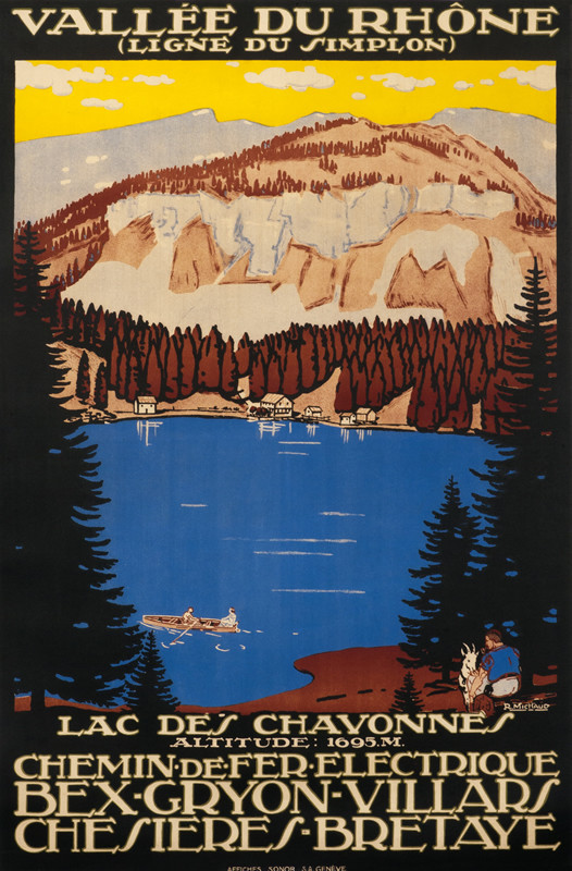 High mountain range, lake with cottages, couple in rowboat; blue, orange, brown