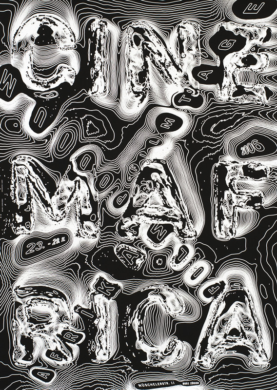Text surrounded by undulating lines resembling geographical contours; black, silver