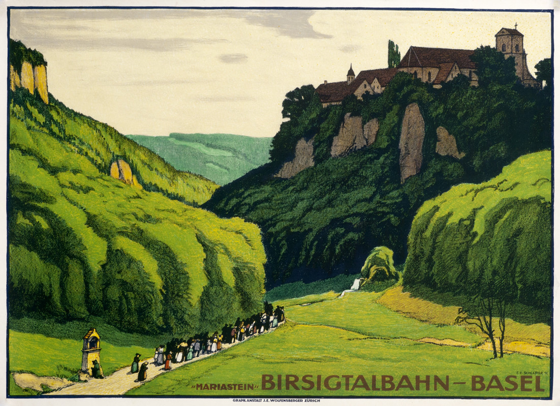 Landscape view procession of villagers up to church on hill; green, brown, yellow