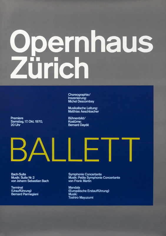 Typographic design; blue, yellow, white, grey