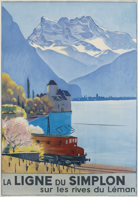 Electric train runs along Lake Leman Geneva with mountains in distance; blue, red