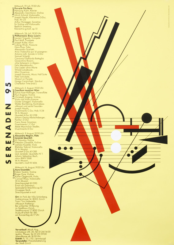 Music notes and abstract shapes; yellow, black, red
