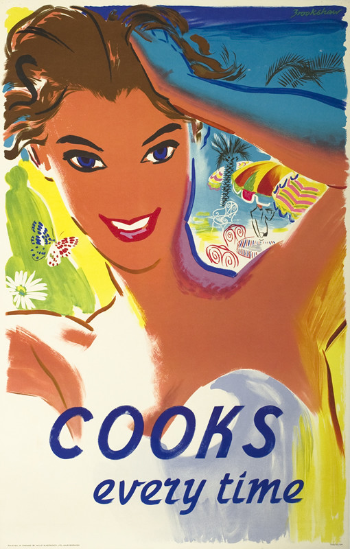 Tanned woman tousels hair, waiter and café, beach, palm trees, ocean behind; brown, yellow, orange, blue, green