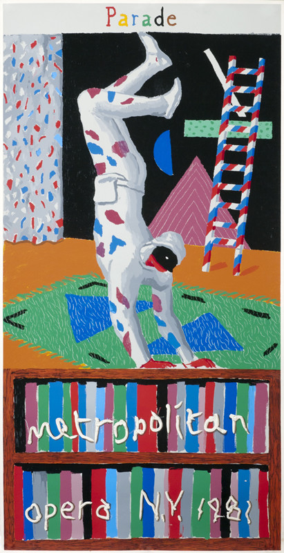 Abstract jester doing headstand; blue, red, green, black, gray