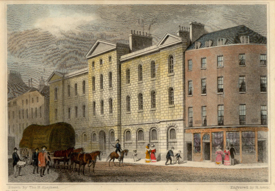 View of street with pedestrian and horses; brown, gray