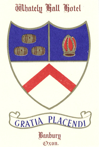 Heraldic shield with three barrels and a bishop's hat, blue, red