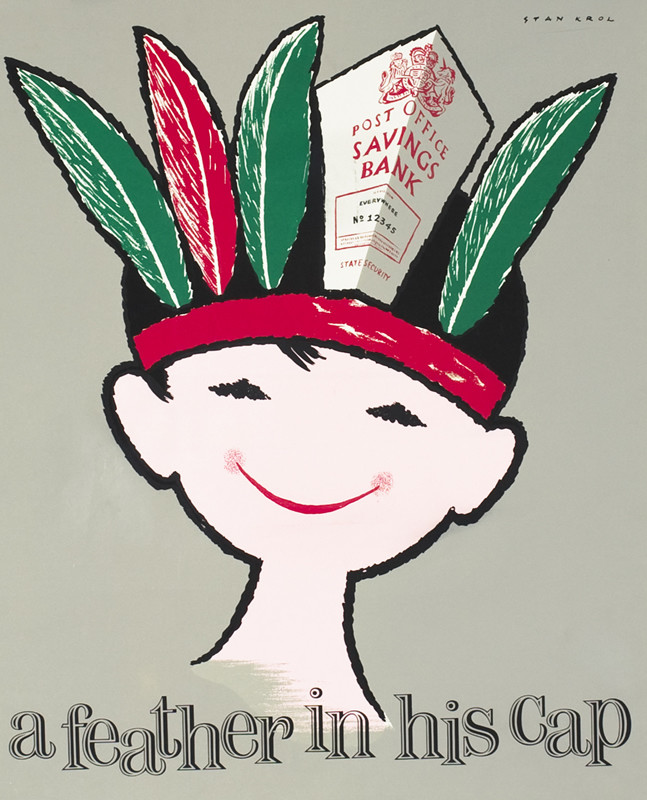 Little boy wears feather headdress, bank ticket takes place of a feather; gray, green, red, black
