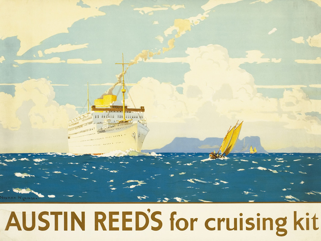Ocean liner at sea, sailboats on water, shoreline distant behind; blue, white, orange, brown