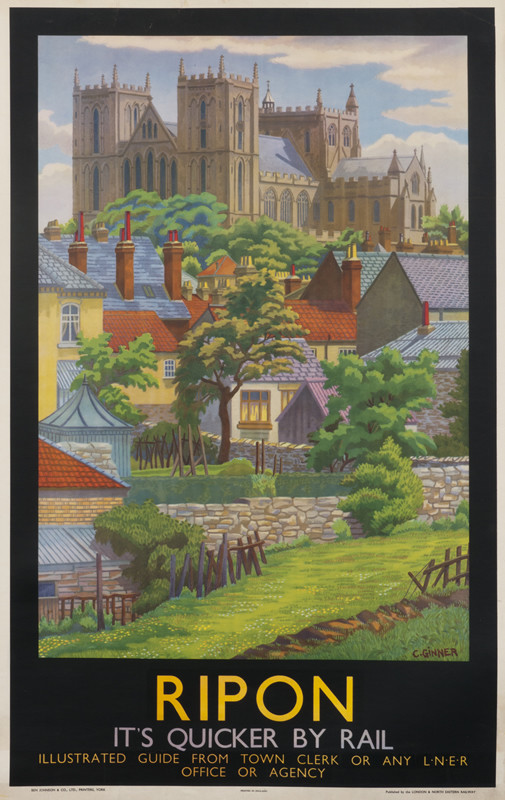 View of idyllic town in Yorkshire with cathedral in background; green, black, yellow