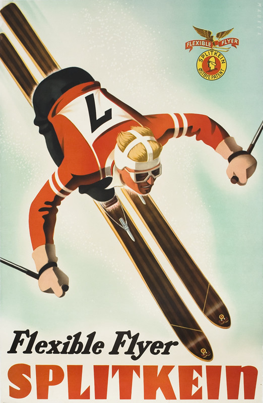 Skiier racing downhill with poles outstretched, patent logo; blue, red, white, brown