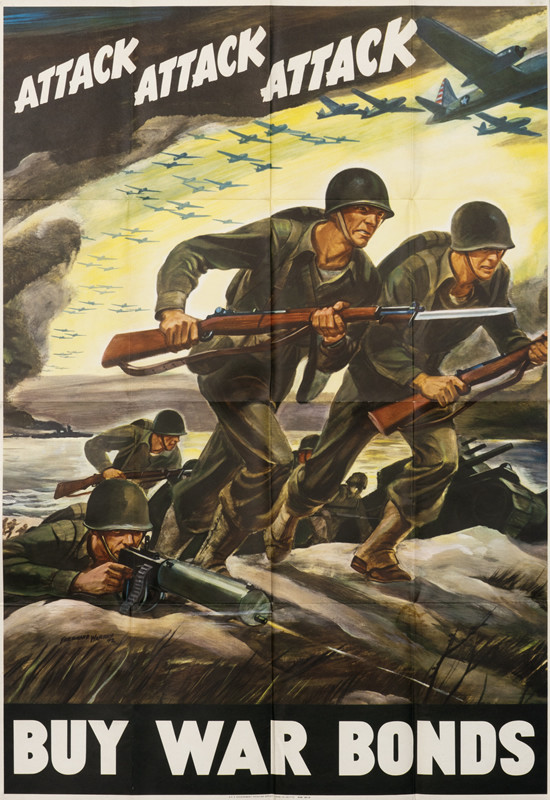 Infantry hits the beach while bombers fly overhead; green, yellow, brown
