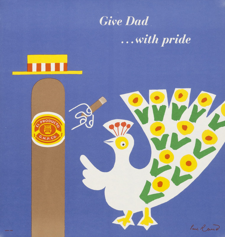Peacock points to cigar in a boater hat; blue, green, brown, yellow