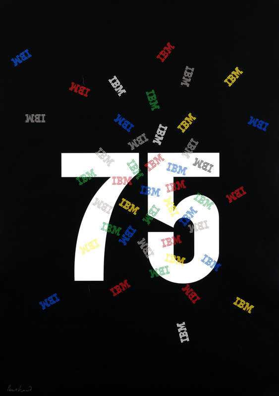 Colored numbers around white IBM 75; black, blue, red, yellow