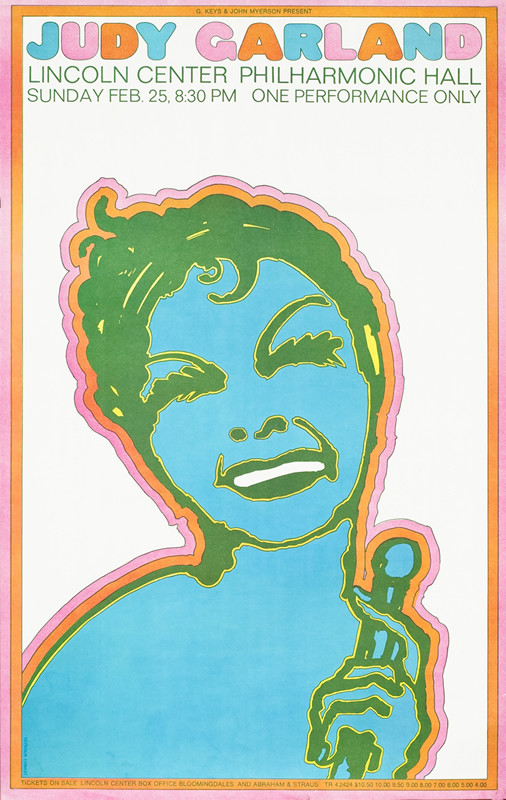 Judy Garland surrounded by colorful aura, concert performance, holding microphone; orange, pink, blue; green