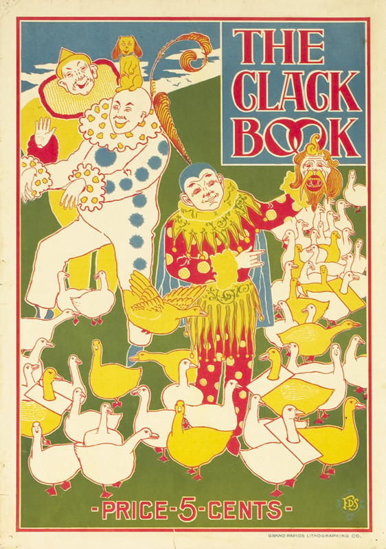Three costumed clowns playing tricks, performing for flock of geese; red, green, blue, yellow