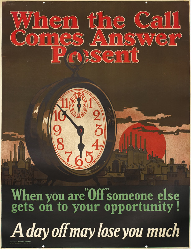 Clock face, city and factories behind; brown, red, green