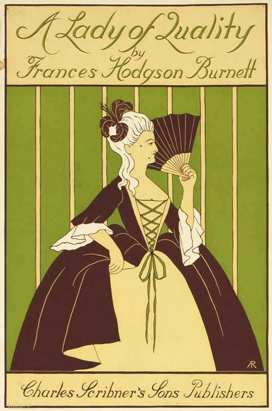 Woman in ballgown and wig fans herself; green maroon, white