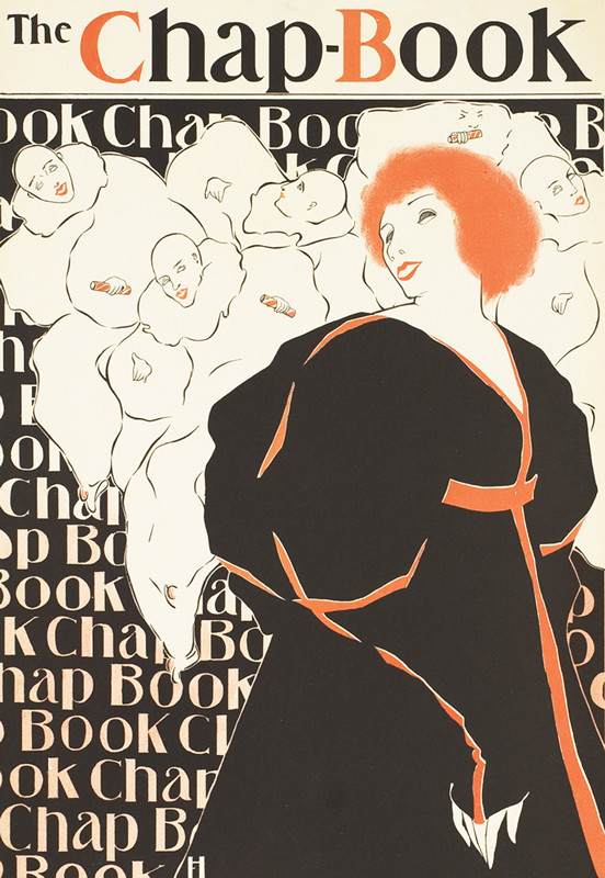 Red haired woman in black dress, group of harlequins play behind her, text repeated on wall; black, white, red