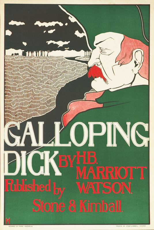 Profile of stern-looking man with moustache wearing  hat and cape, field and trees behind; red, green, black, white