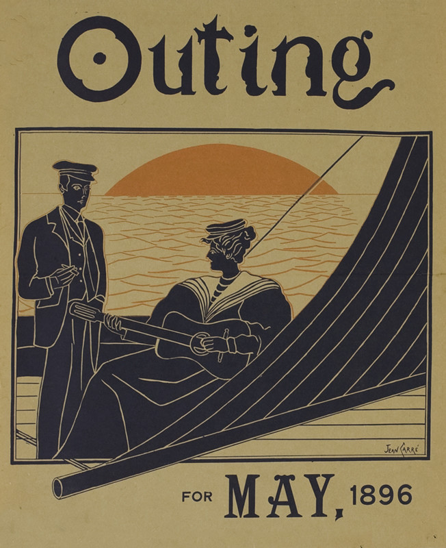Man holds cigar, woman plays guitar, on sailboat, sun setting behind them; brown, black orange