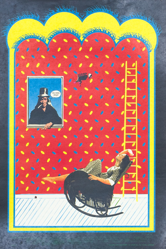 Woman in rocking chair reclines in fantastical room; red, yellow, blue