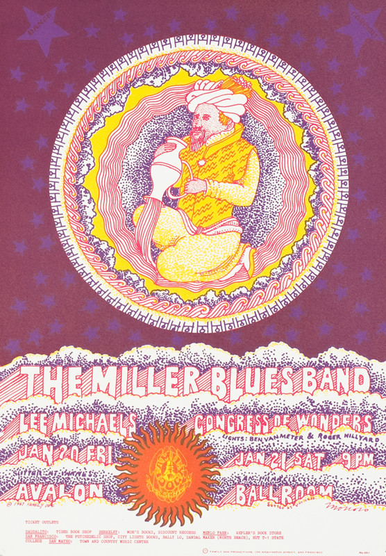 Man wearing turban pours water from jug in rondelle; red, purple, yellow