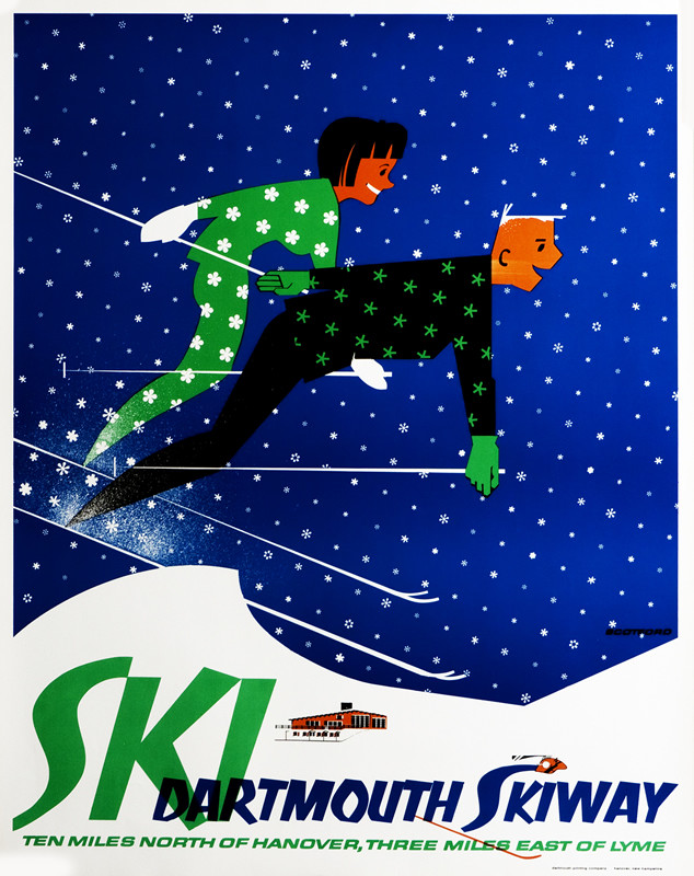 Man and woman skiiers midair, chalet, snowy sky; blue, white, green