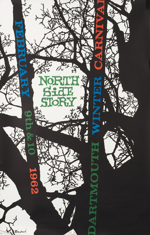 Outlines of trees and branch, text a la West Side Story; black, white, red, blue