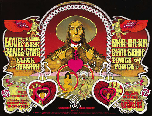 Native american chief snaps arrow behind figures of heart, nude woman and chieftain; pink, red, yellow, black, neon