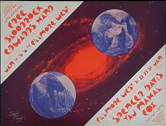 Background of galaxy with 2 moons: one inhabited by male figure with bird, one inhabitied by female figure with garland; red, blue, silver