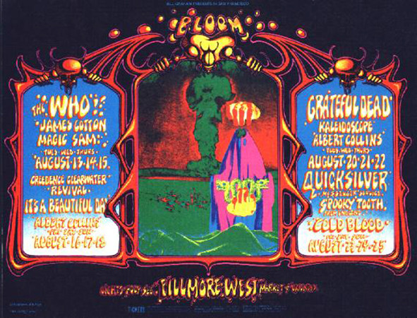 Triptych tableau of magician's hands levitating marble and snake, atom bomb cloud behind; red, yellow, orange, blue, neon