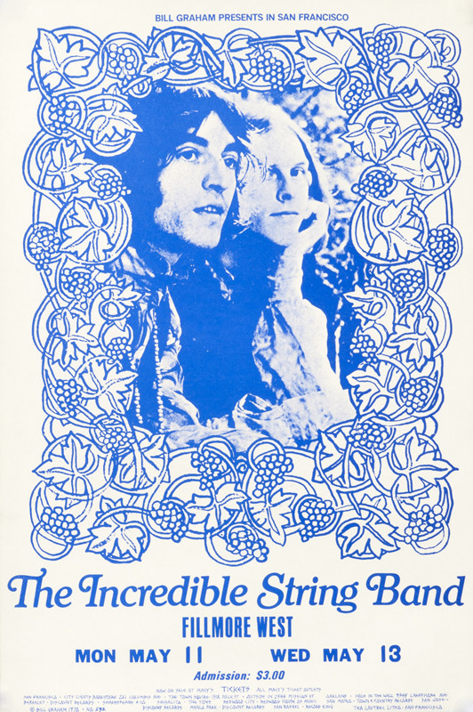 No. 232, image of the Incredible String Band members ornamented by grape vines; blue, white