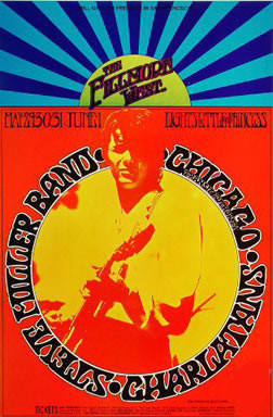 No. 175, image of steve miller below a rising/setting sun, Chicago Transit Authority, The Charlatans; red, yellow, blue, purple, neon