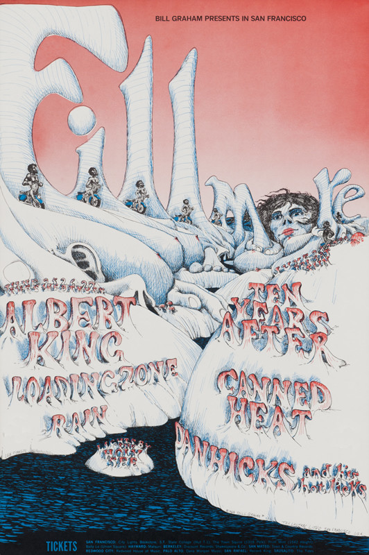 No. 126, psychedelic body parts form a landscape, The Loading Zone, Rain, Ten Years After, Canned Heat, Dan Hicks & His Hot Licks; red, blue, white