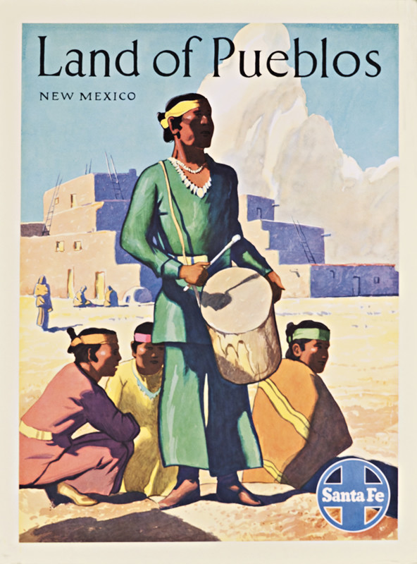 American Indians drumming, gathering, in front of traditional pueblo houses; blue, tan, white