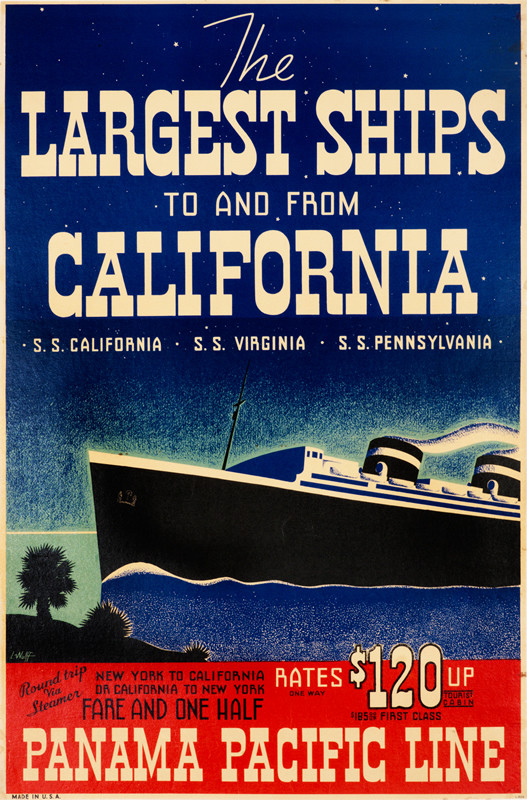 Panama Pacific Line ocean liner steams past coast with Joshua trees; black, blue, red