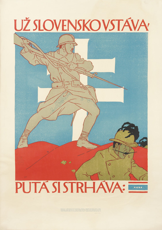Slovak soldier chases frightened Germans away with raised bayonet, Slovak crest behind; blue, red