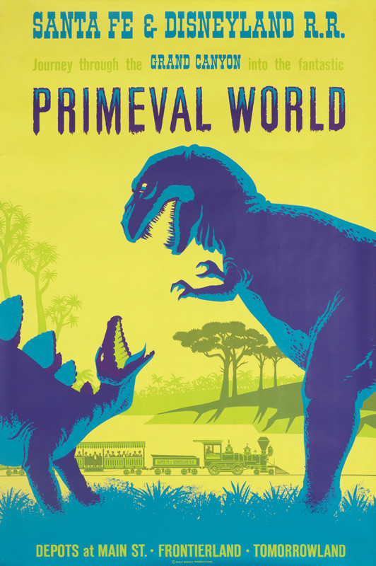Dinosaurs fight with railroads in the distance disney; acid yellow, blue, aqua blue