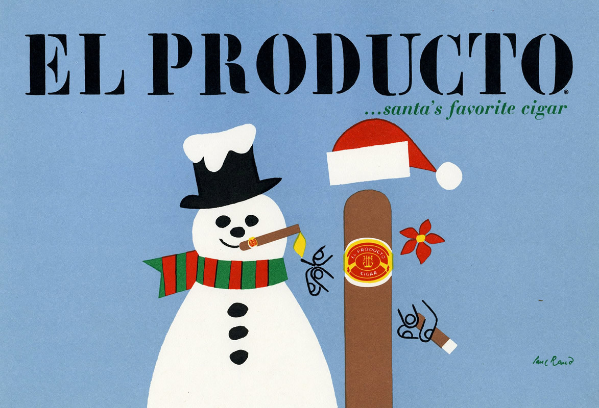 Cigar dressed as Santa lights cigar for a snowman; blue, red, green