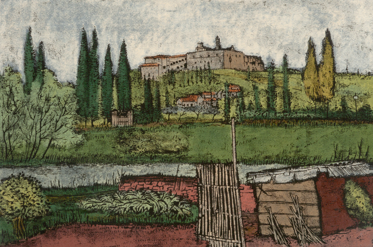 View of a monastary in the Tuscan landscape; green, red, white, brown, black