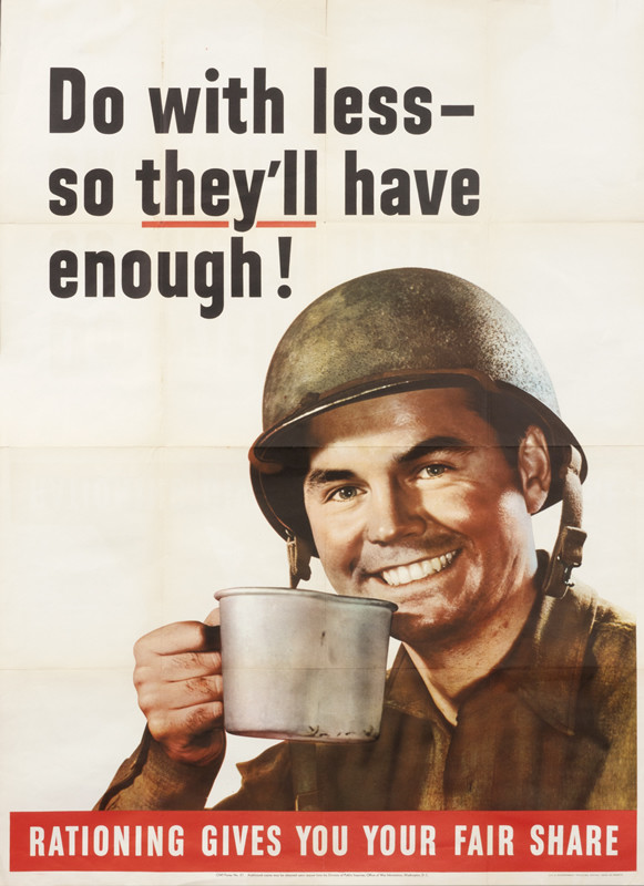 Soldier drinks out of tin cup and smiles; green, red, black