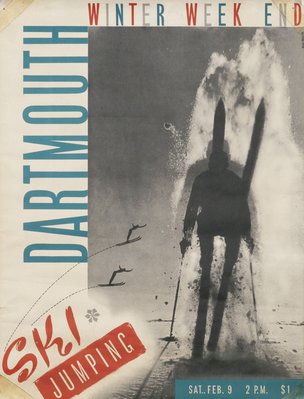 backview of Ski jumper landing on snow with small animation of two skiers in mid jump at bottom; black, white, red, blue