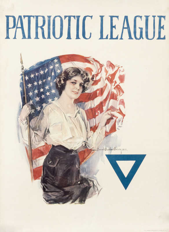 Woman holding American flag; red, white, blue
