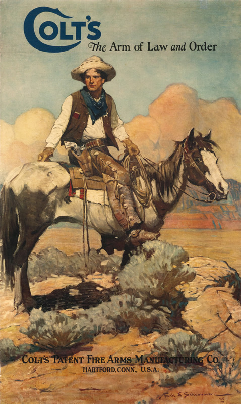 Cowboy sitting on horse in desert; blue, brown