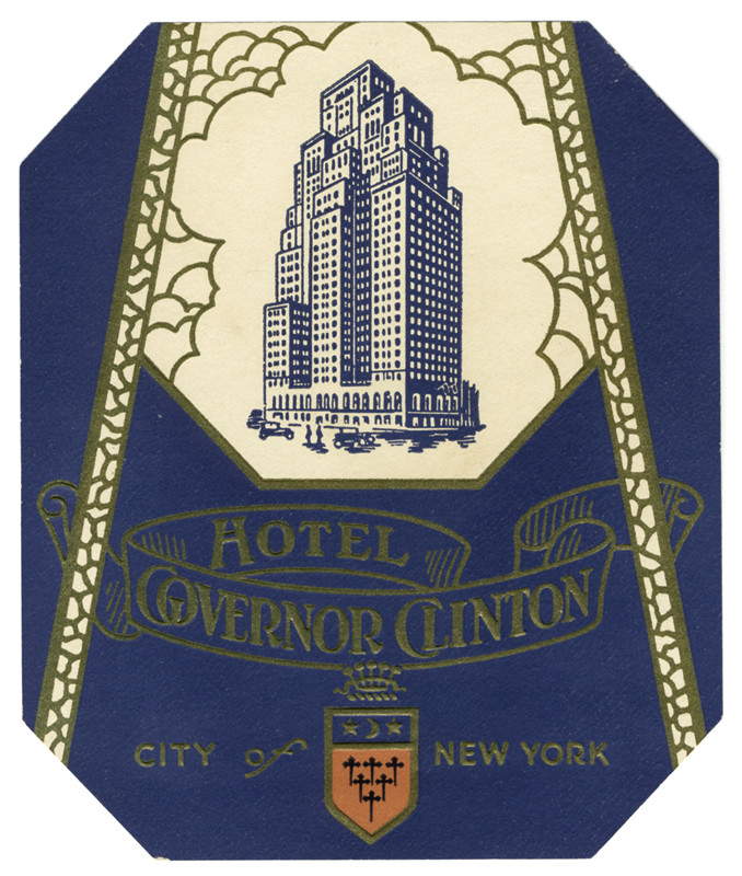 Hotel with abstracted clouds and designs above text; blue, gold, white