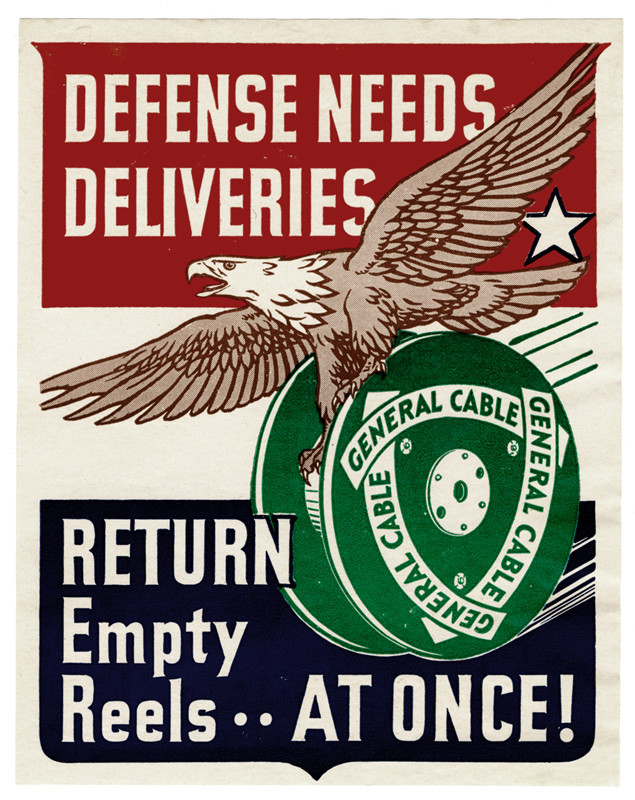 Eagle hovers over reel of cable with text above and below; red, white, blue, brown, green