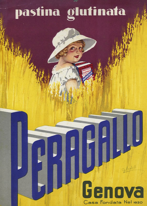 Little girl in wheat field with pasta package; yellow, blue, red