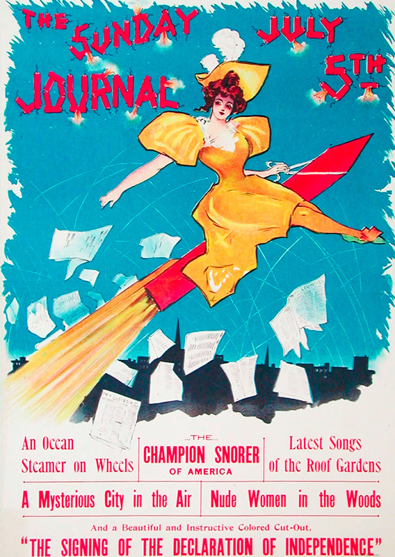 Young lady flies rocket above New York amidst fireworks; blue, red, yellow