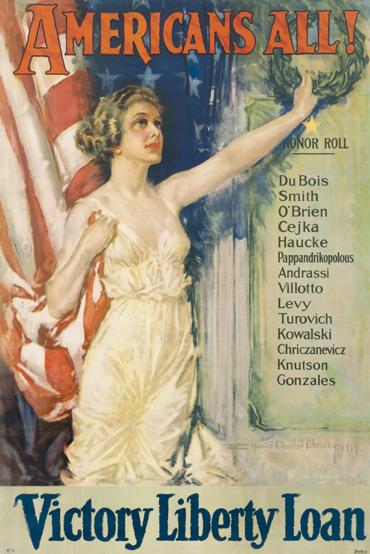 Liberty holds up wreath to honor roll of Americans, flag behind her; red, blue, green