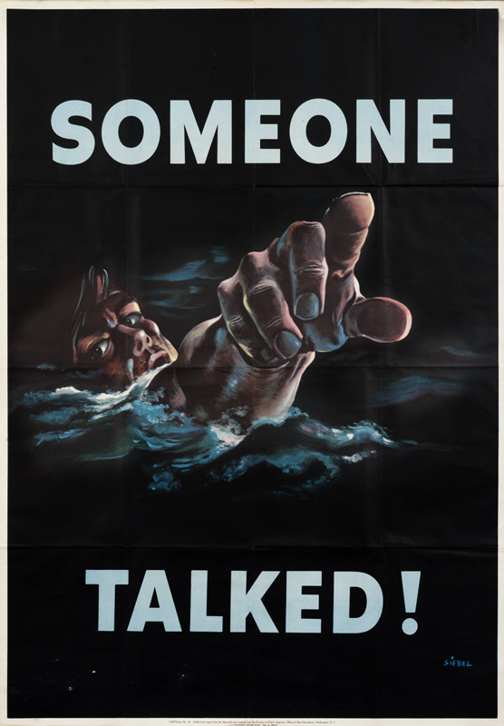 Drowning man reaches accusingly from dark seas; blue, black